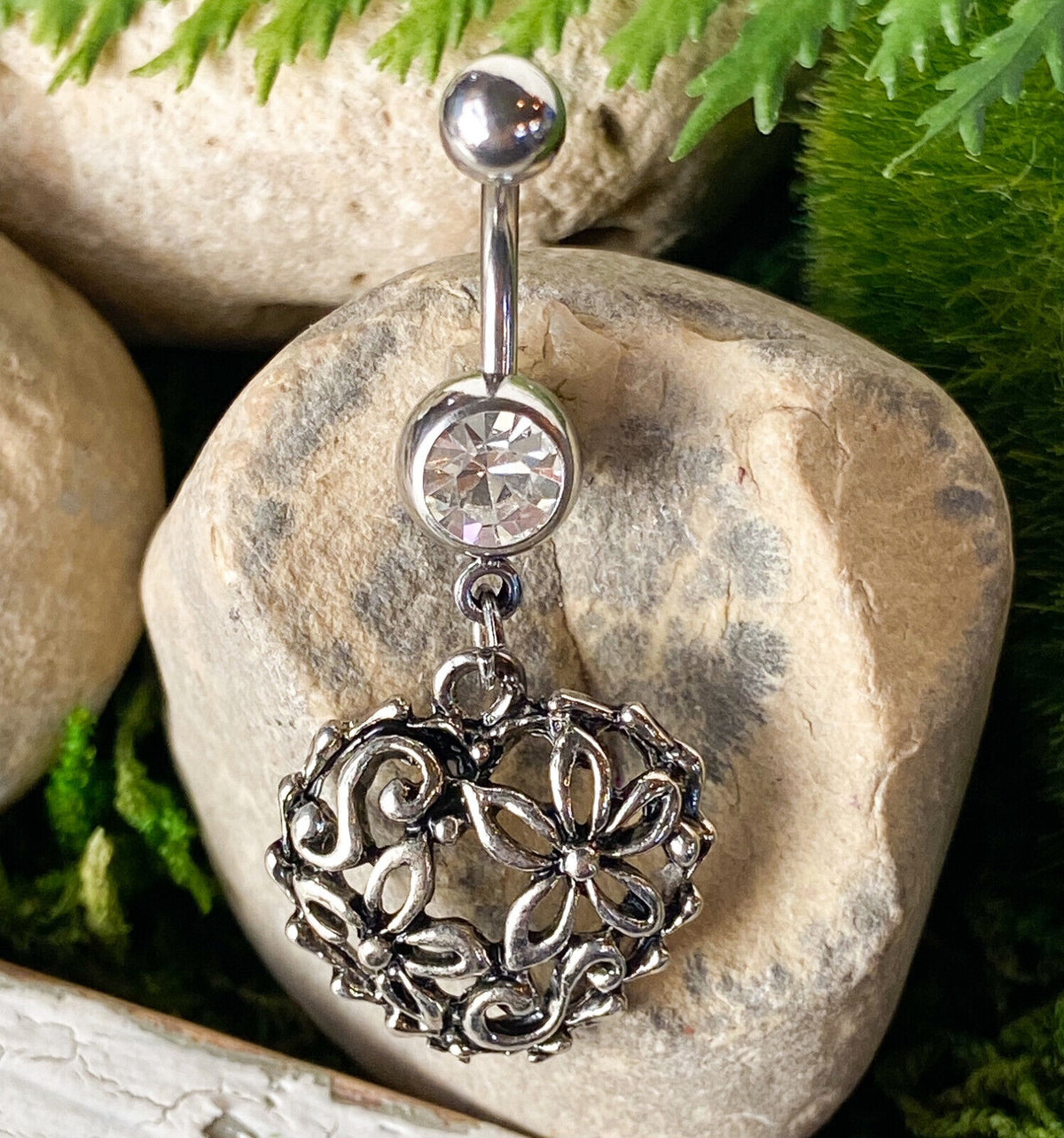 Vintage Dangle Cast Belly Ring Pierced Navel Heart, Flower, Butterfly, Star (Style: Heart)