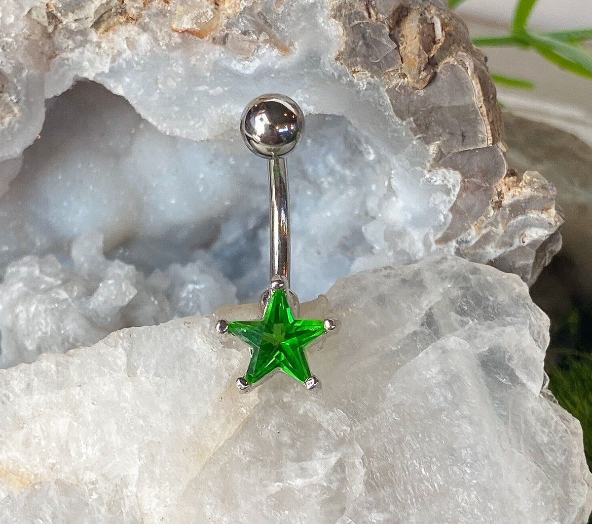 1pc Star Solitaire CZ Gem Belly Ring Navel Piercing Pierced Naval Body Jewelry (Color: Green)