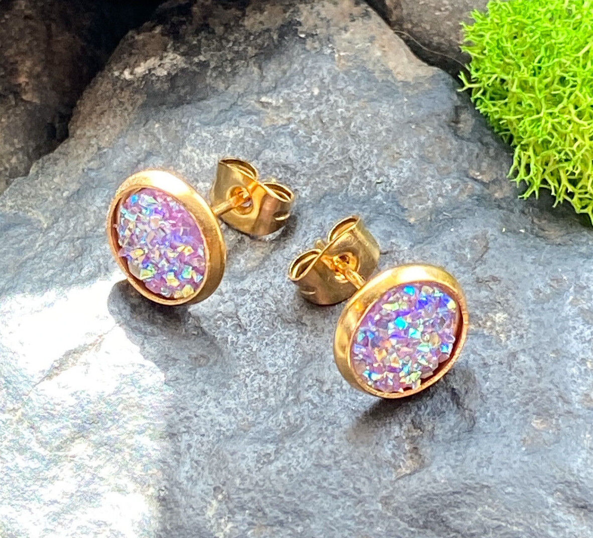 PAIR of Druzy Stone Set Stud Earrings 20g 316L Stainless Steel (Color: Gold / Purple)