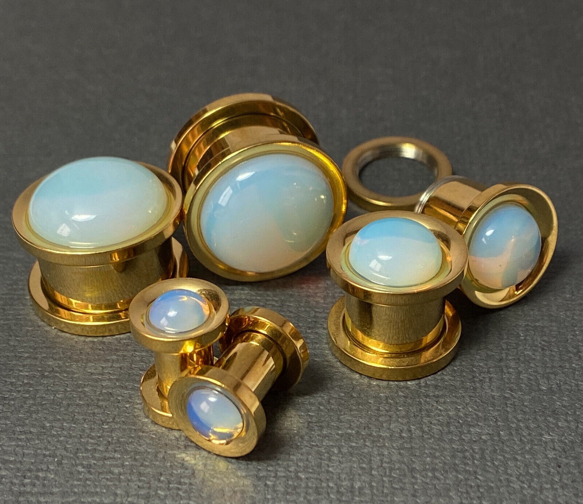 PAIR Opalite Stone Dome Gold Steel Screw Fit Tunnels Gauge Plugs Body Jewelry