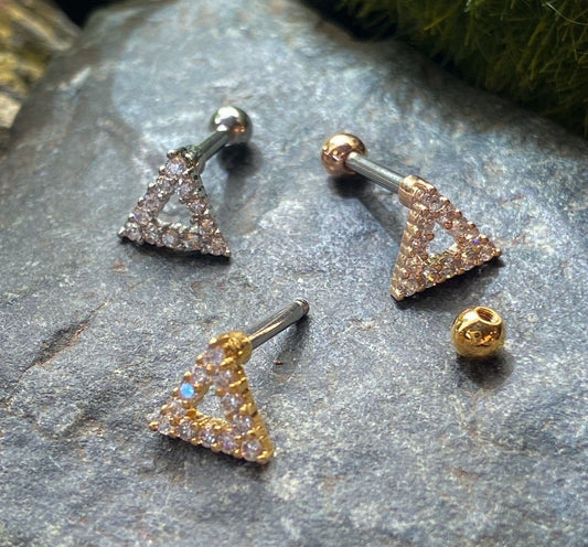 1pc CZ Gem Paved Triangle Tragus Helix Cartilage Barbell Ring 16g 1/4"