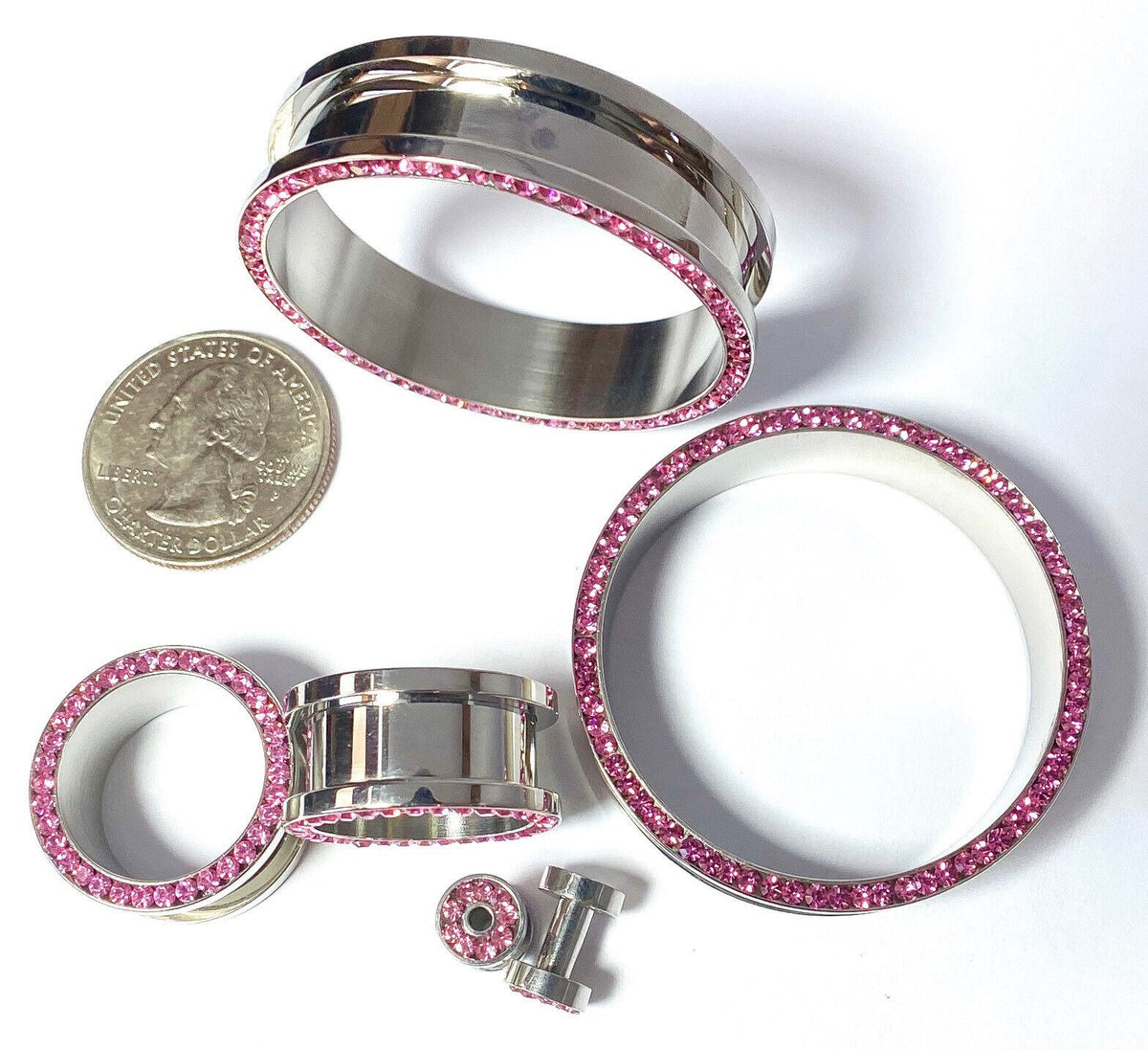 PAIR Pink CZ Gem Rimmed 316L Surgical Steel Screw Fit Tunnels Plugs Gauges