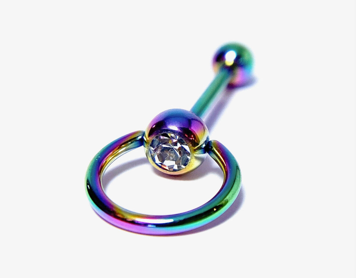 1pc Clear Gem w/ Slave Ring Tongue Ring IP Steel Barbell Door Knocker Tounge (Color: Multi-Color)