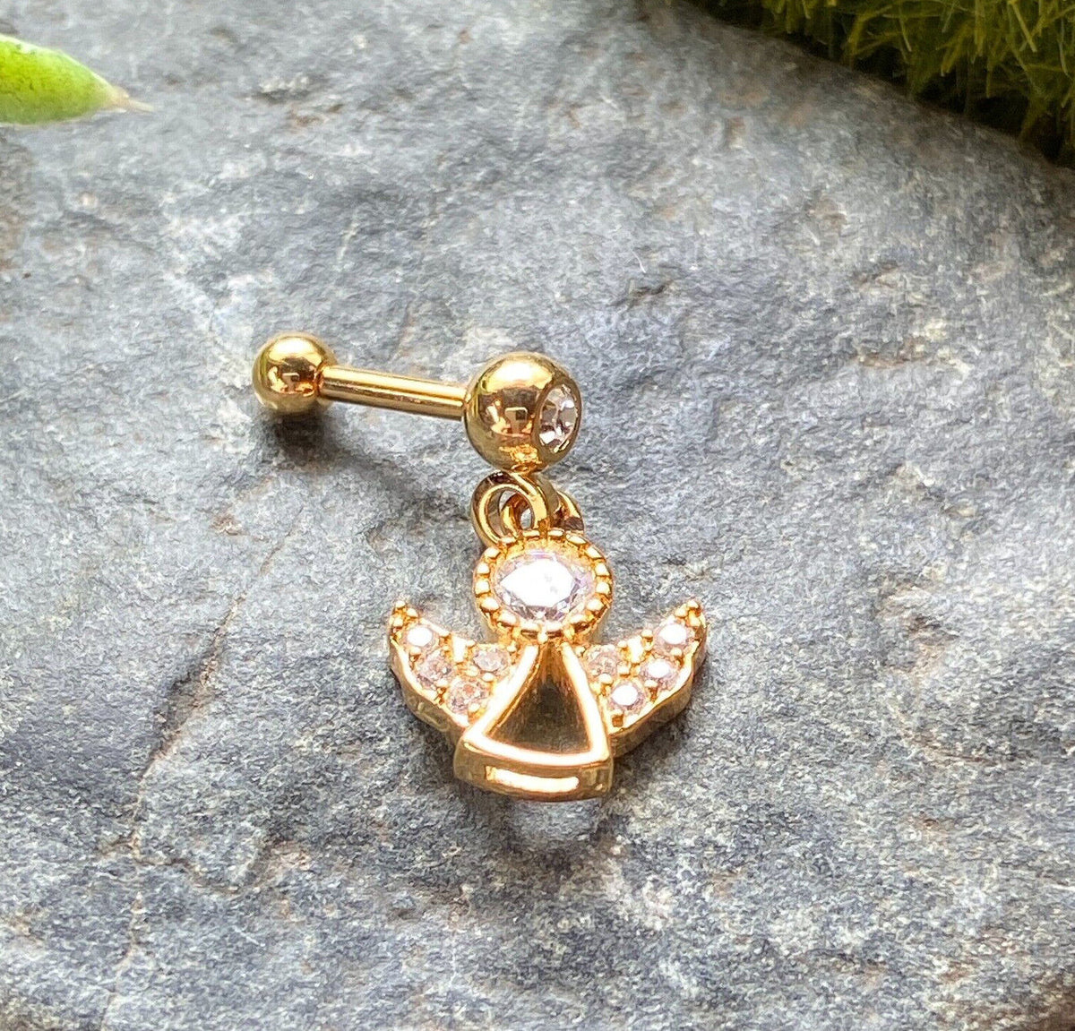 1pc CZ Gem Angel Dangle Surgical Steel Tragus Cartilage Barbell Ring 16g 1/4 (Color: Gold)