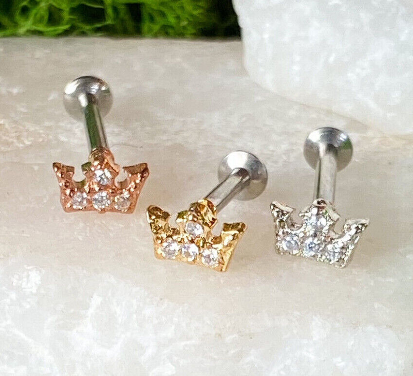 1pc CZ Gem Crown 16g Internally Threaded 1/4" or 5/16" Steel Labret Monroe