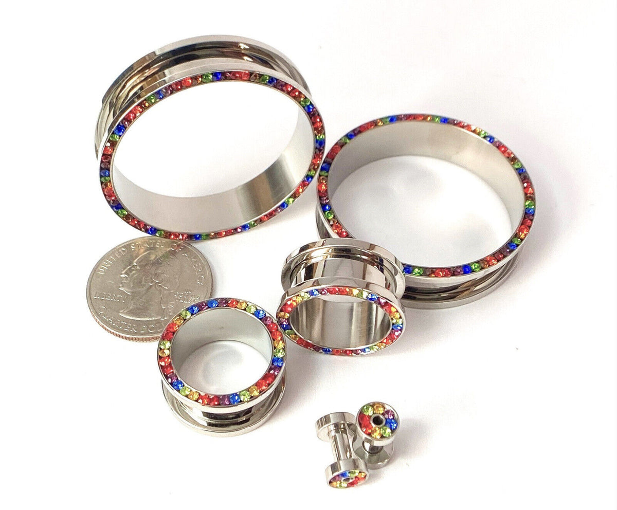PAIR Rainbow CZ Gem Rimmed 316L Surgical Steel Screw Fit Tunnels Plugs Gauges
