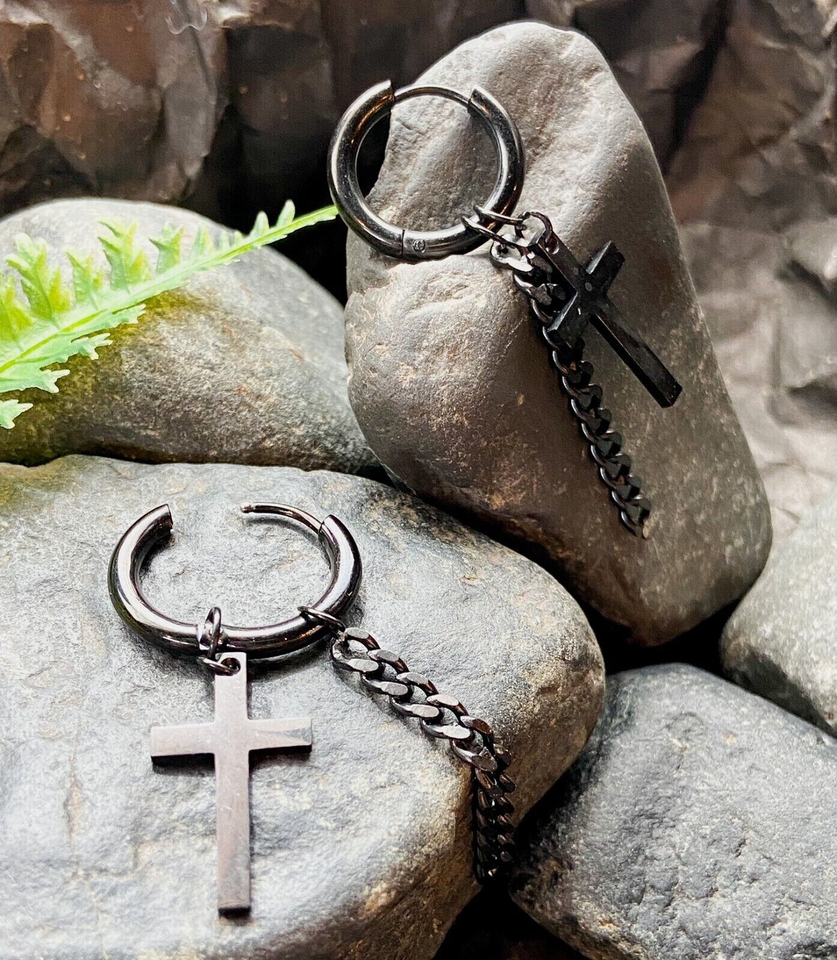 PAIR 316L Steel Hinge Action 20g Seamless Hoop Earrings w/ Cross & Chain Dangle (Color: Black)