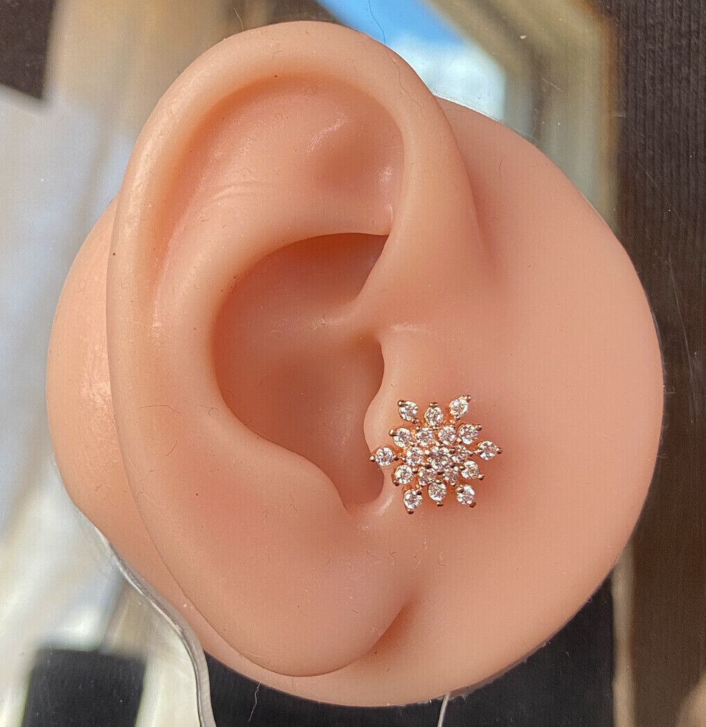 1pc Gem Paved Snowflake Surgical Steel Tragus Cartilage Barbell Ring 16g 1/4"