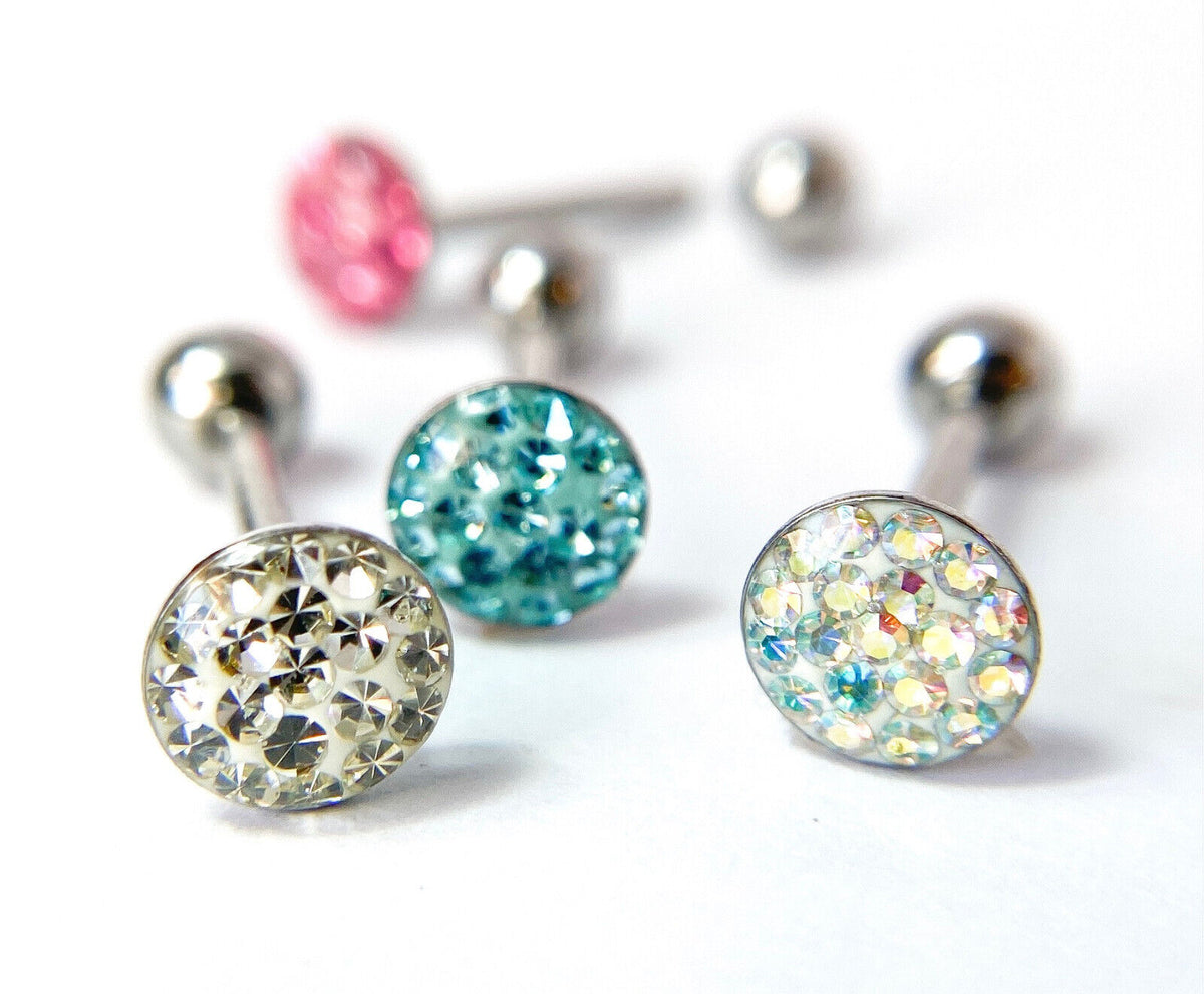 1pc Epoxy Coated Round Paved Crystals Tongue Tounge Ring Barbell Body Jewelry