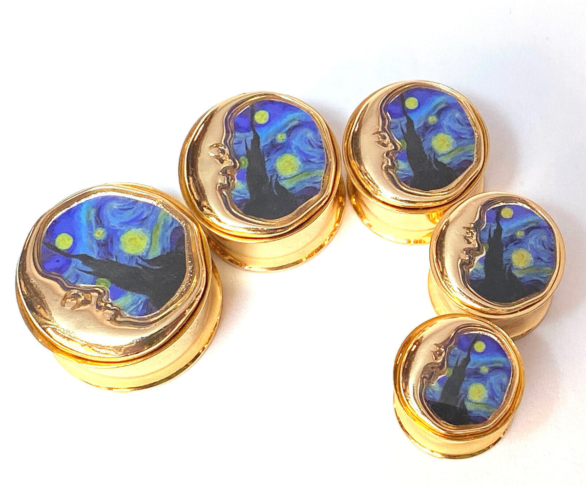 PAIR Starry Night w/ Moon Gold PVD Double Flare Tunnels Ear Plug Gauges Jewelry