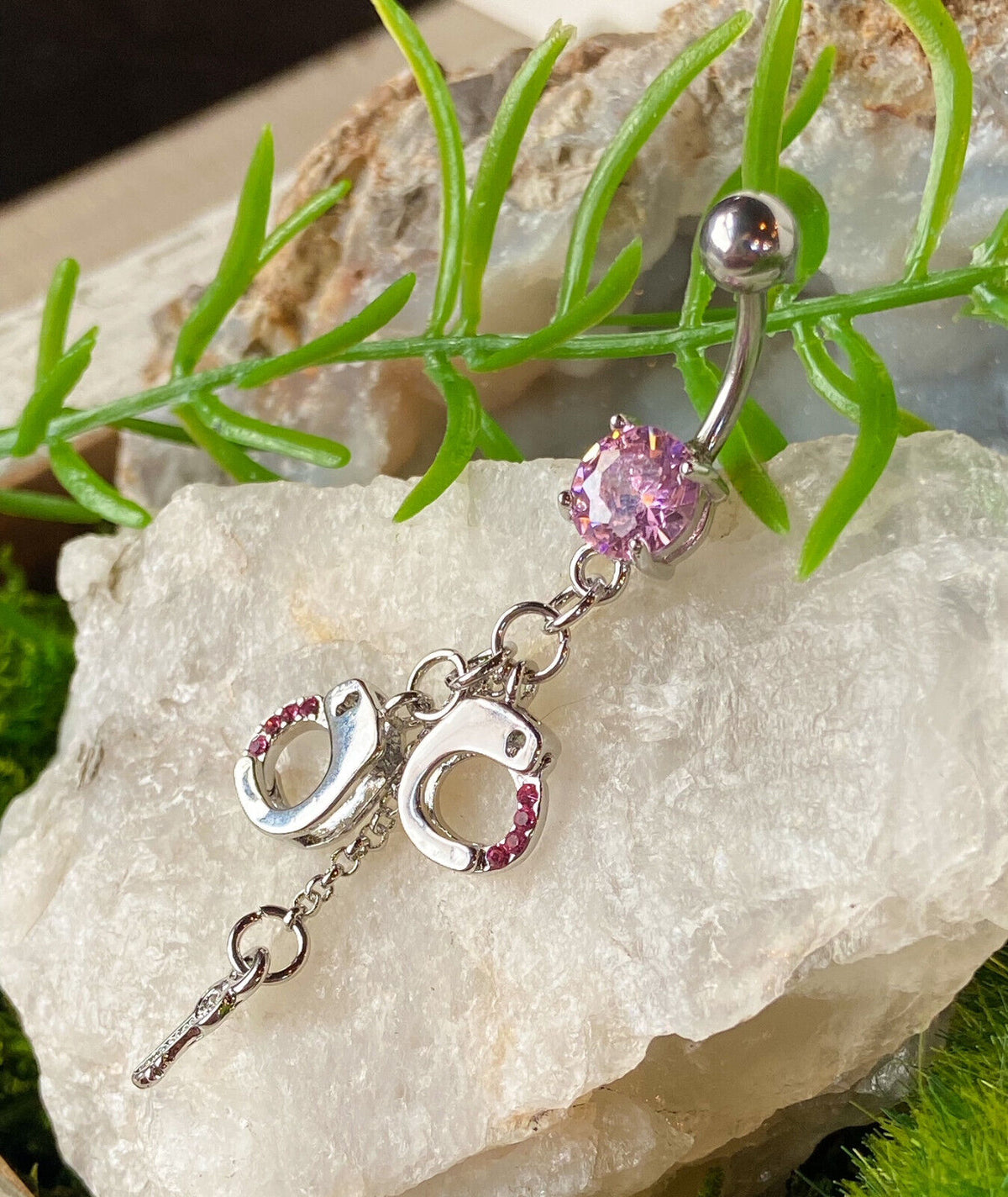 1pc CZ Gem Handcuffs & Key Belly Ring Navel Piercing Pierced Naval Body Jewelry (Color: Pink)