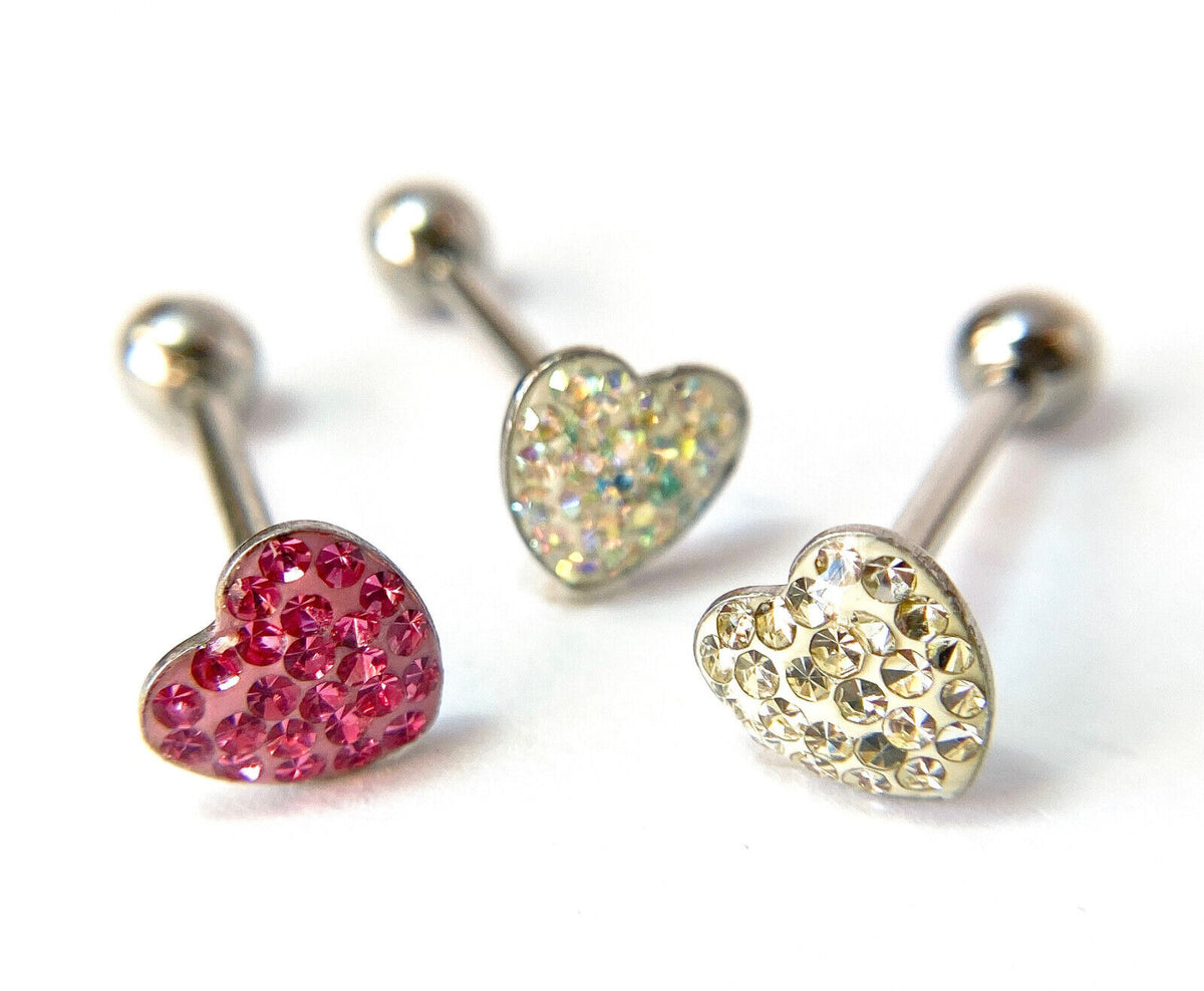 1pc Epoxy Coated Heart Paved Crystals Tongue Tounge Ring Barbell Body Jewelry