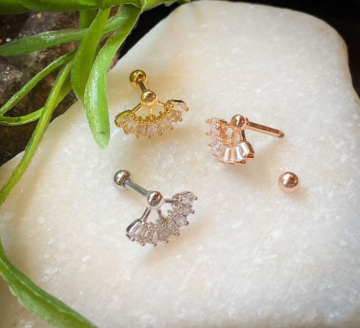 1pc Multi CZ Gem Fan Top Tragus Cartilage Barbell Stud Body Jewelry Ring 16g 6mm