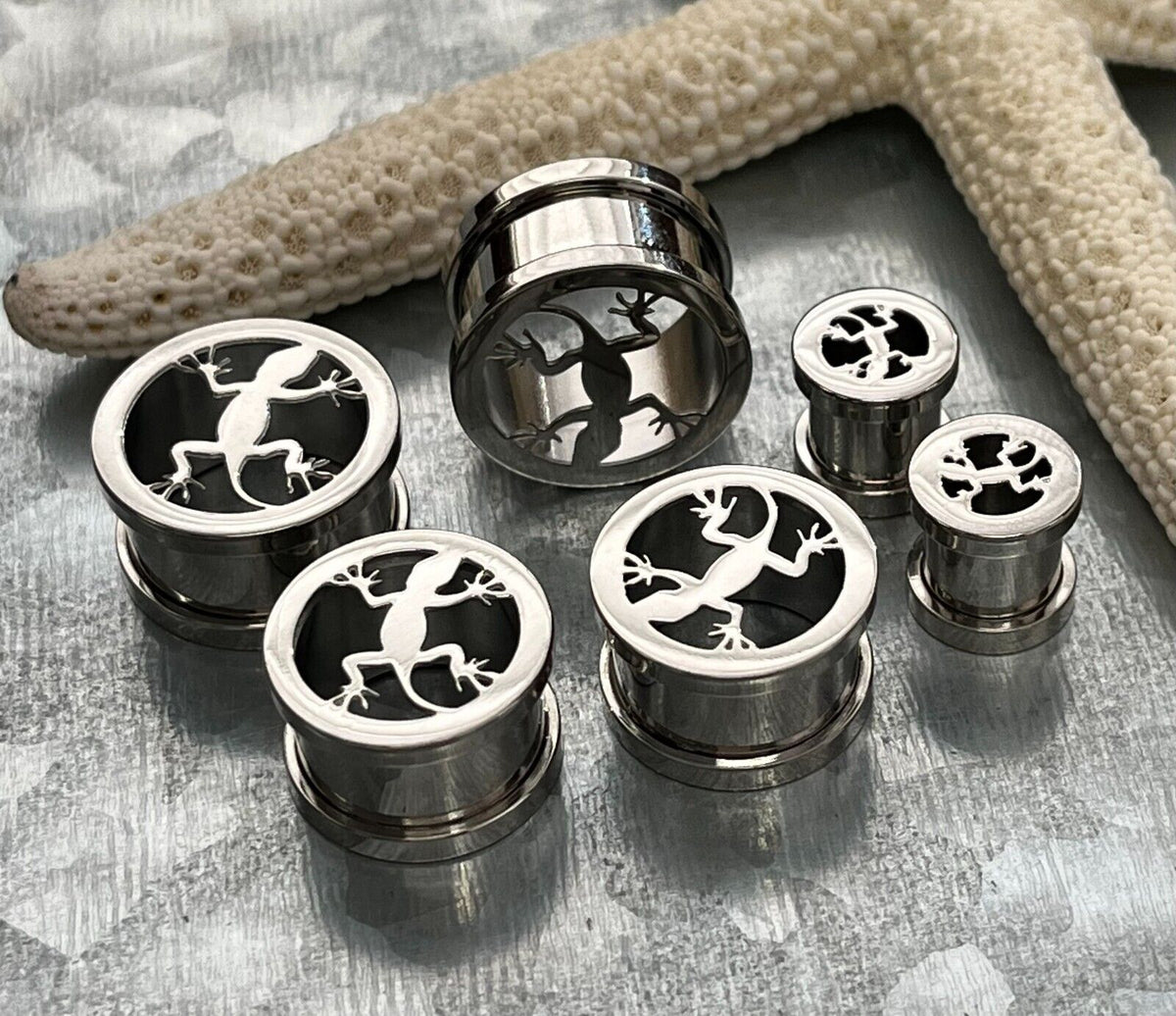 PAIR Lizard Steel Screw Fit Tunnels Plugs Earlets Gauges Gecko Body Jewelry