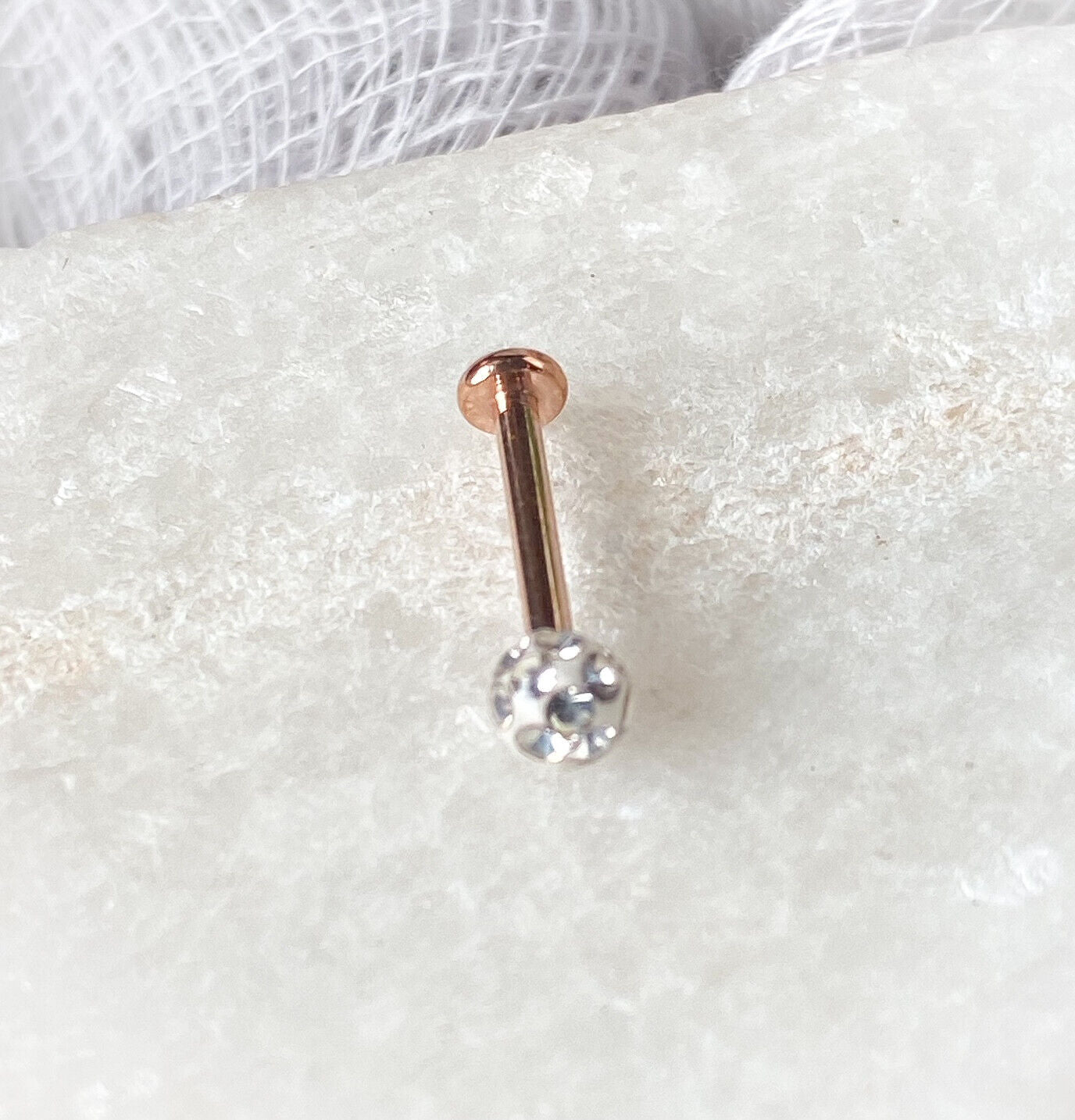 1pc Epoxy Coated Crystal Paved Ball Labret Cartilage Barbell Internally Threaded (Color: Rose Gold)