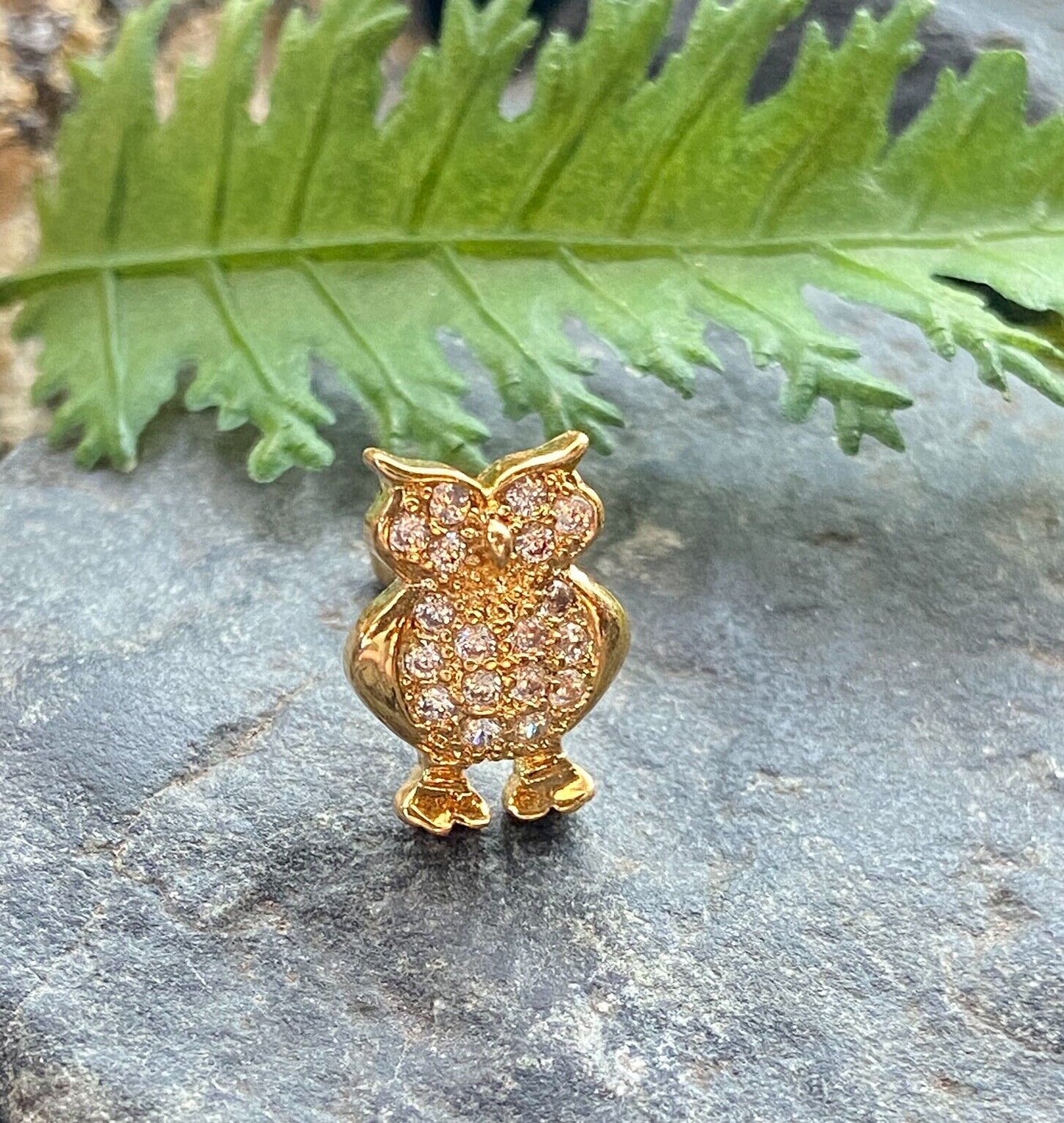 1pc CZ Gem Paved Owl Surgical Steel Tragus Cartilage Barbell Ring 16g 1/4" (Color: Gold)