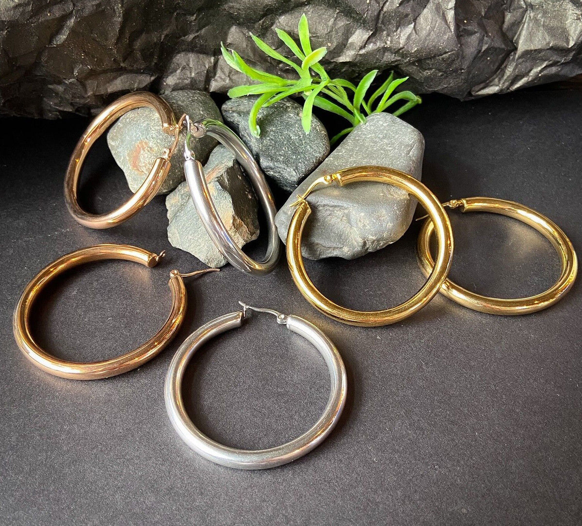 PAIR Thick Hollow Hoop Earrings 316L Stainless Steel 20g
