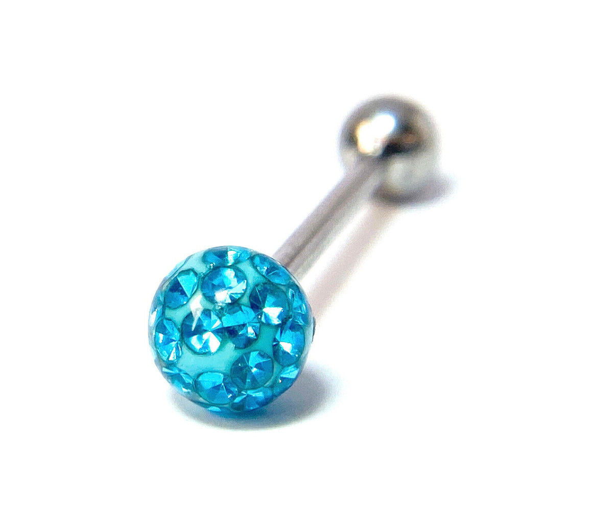 1pc Epoxy Coated Crystal Paved Ball Internally Threaded 16g Tongue Ring Barbell (Color: Aqua)