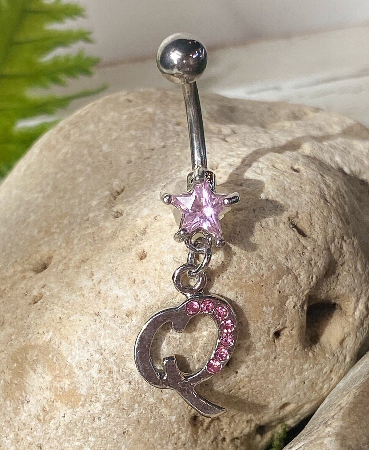 1pc Initial Belly Ring "Metro" Style Pink Gems Navel Naval Letter Body Jewelry (Initial: Q)