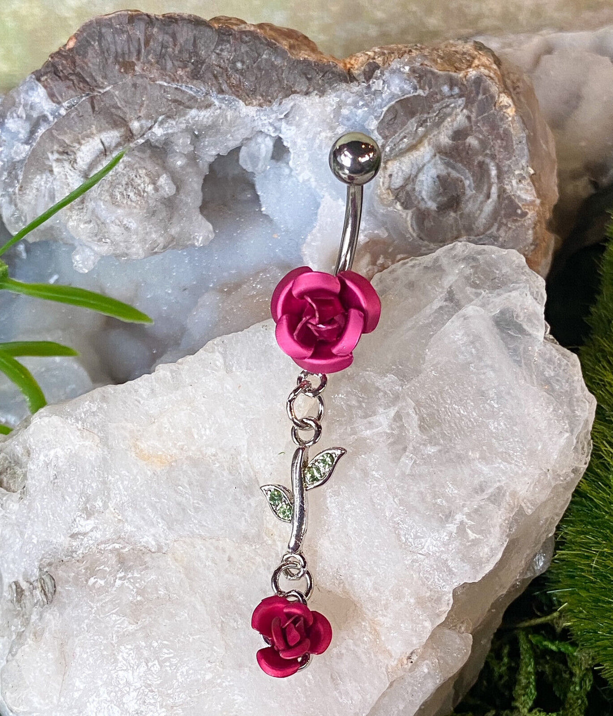 1pc Double Rose & Vine Belly Ring Navel Piercing Pierced Naval Flower Jewelry (Color: Pink)
