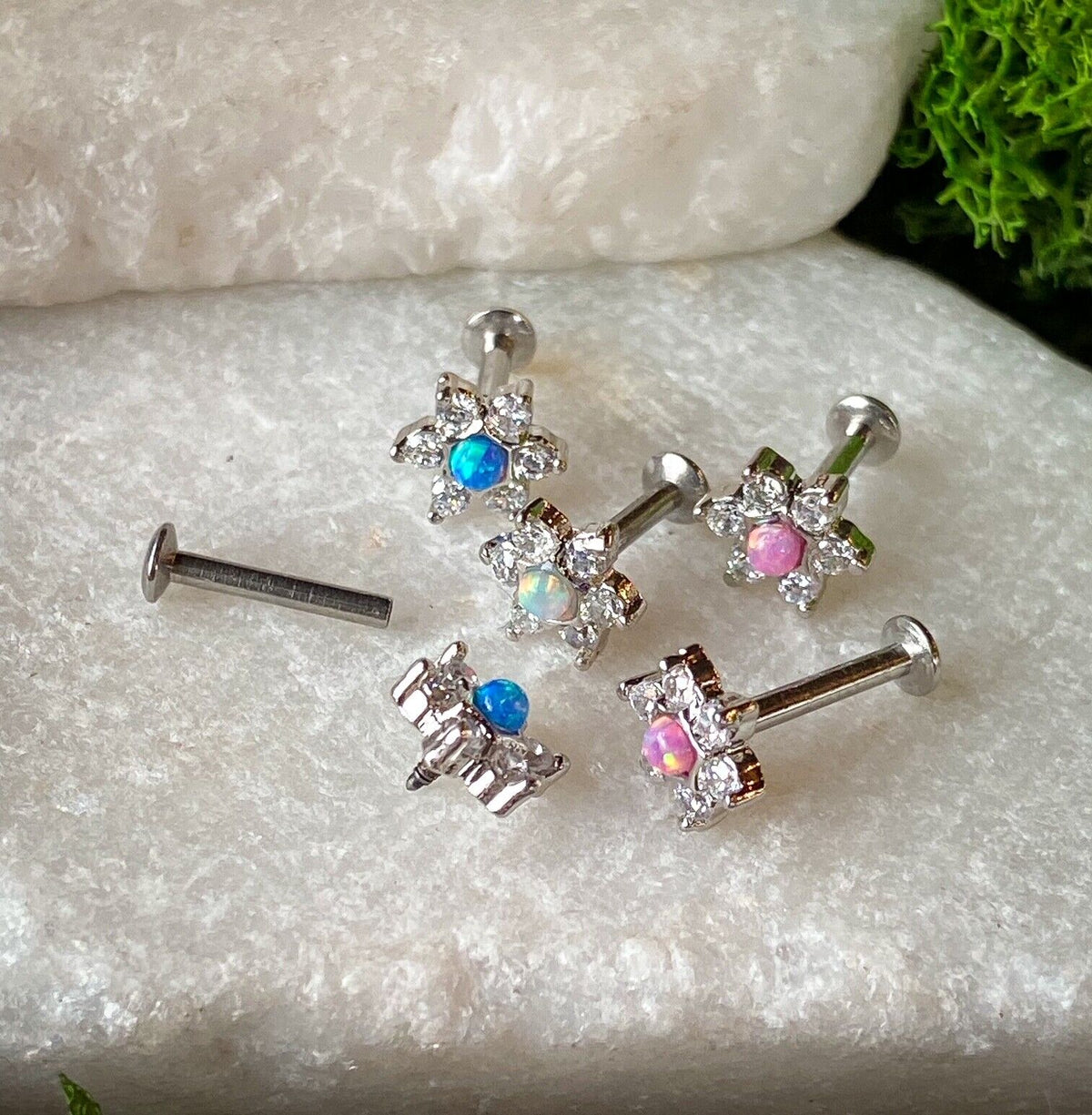 1pc Opal & CZ Star 16g Internally Threaded 1/4" or 5/16" Steel Labret Monroe