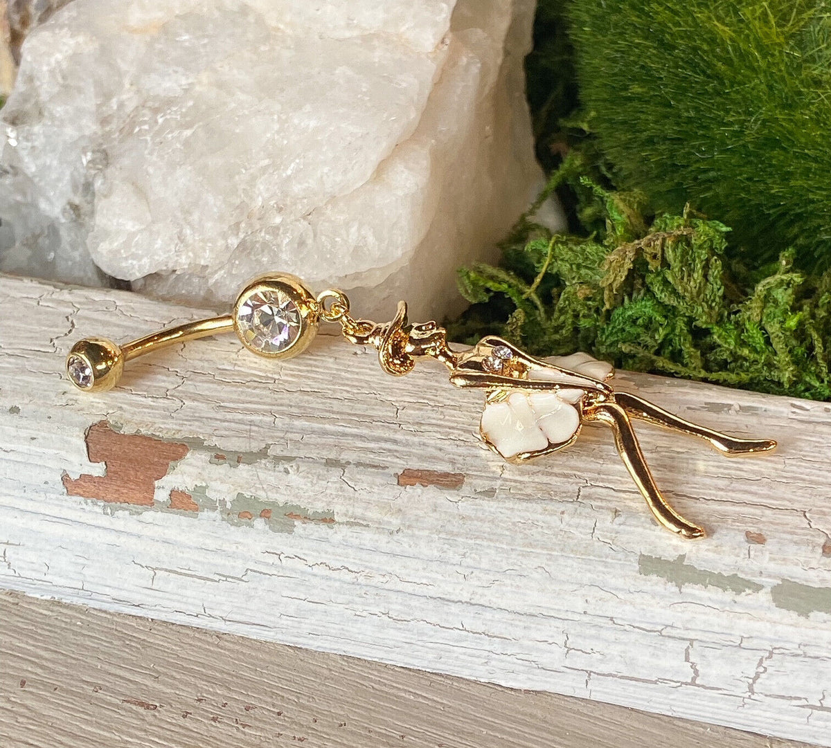 14kt Gold Plated Marilyn Belly Ring White Dress Pierced Navel Piercing Naval