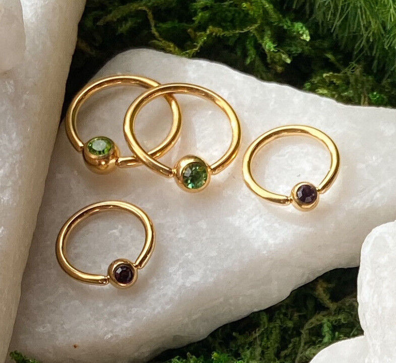 PAIR Gold Plated Gem Captive Bead Rings for Ears, Eyebrow, Septum, Nipples, etc