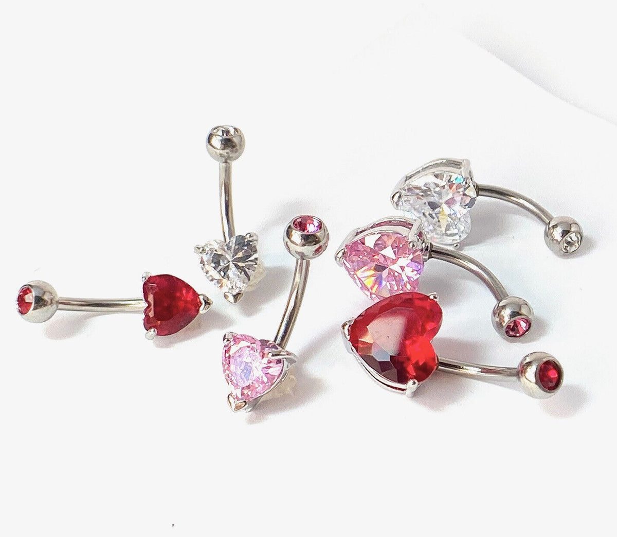 3pc Value Pack Heart Prong Set CZ Gem Surgical Steel Belly Rings Navel Naval