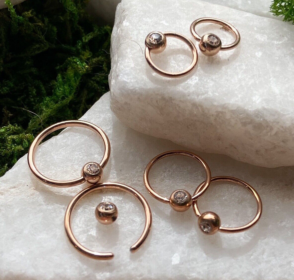 PAIR Rose Gold Gem Captive Bead Rings for Ears, Eyebrow, Septum, Nipples, etc (Gem Color: Clear)