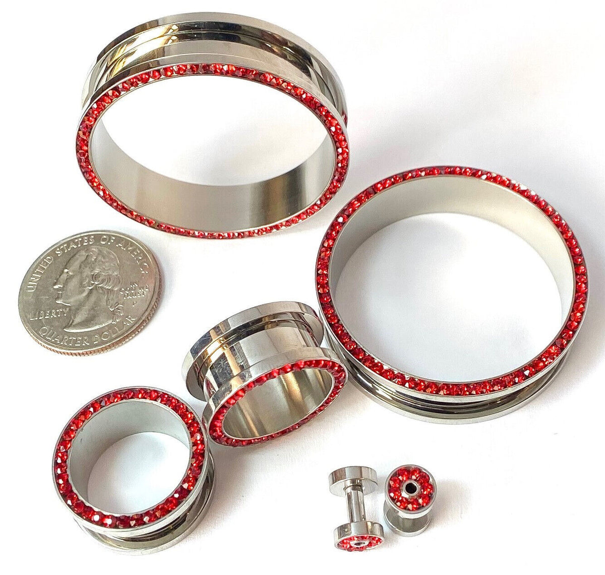 PAIR Red CZ Gem Rimmed 316L Surgical Steel Screw Fit Tunnels Plugs Gauges