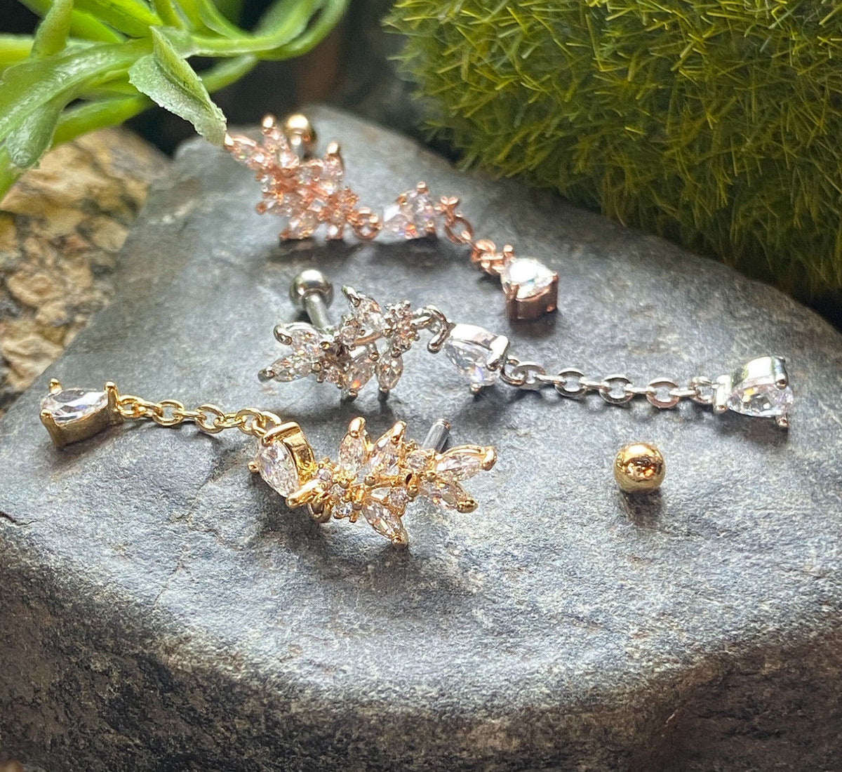 1pc CZ Gem Cluster Leaf w/ Chain Tragus Helix Cartilage Barbell Ring 16g 1/4"
