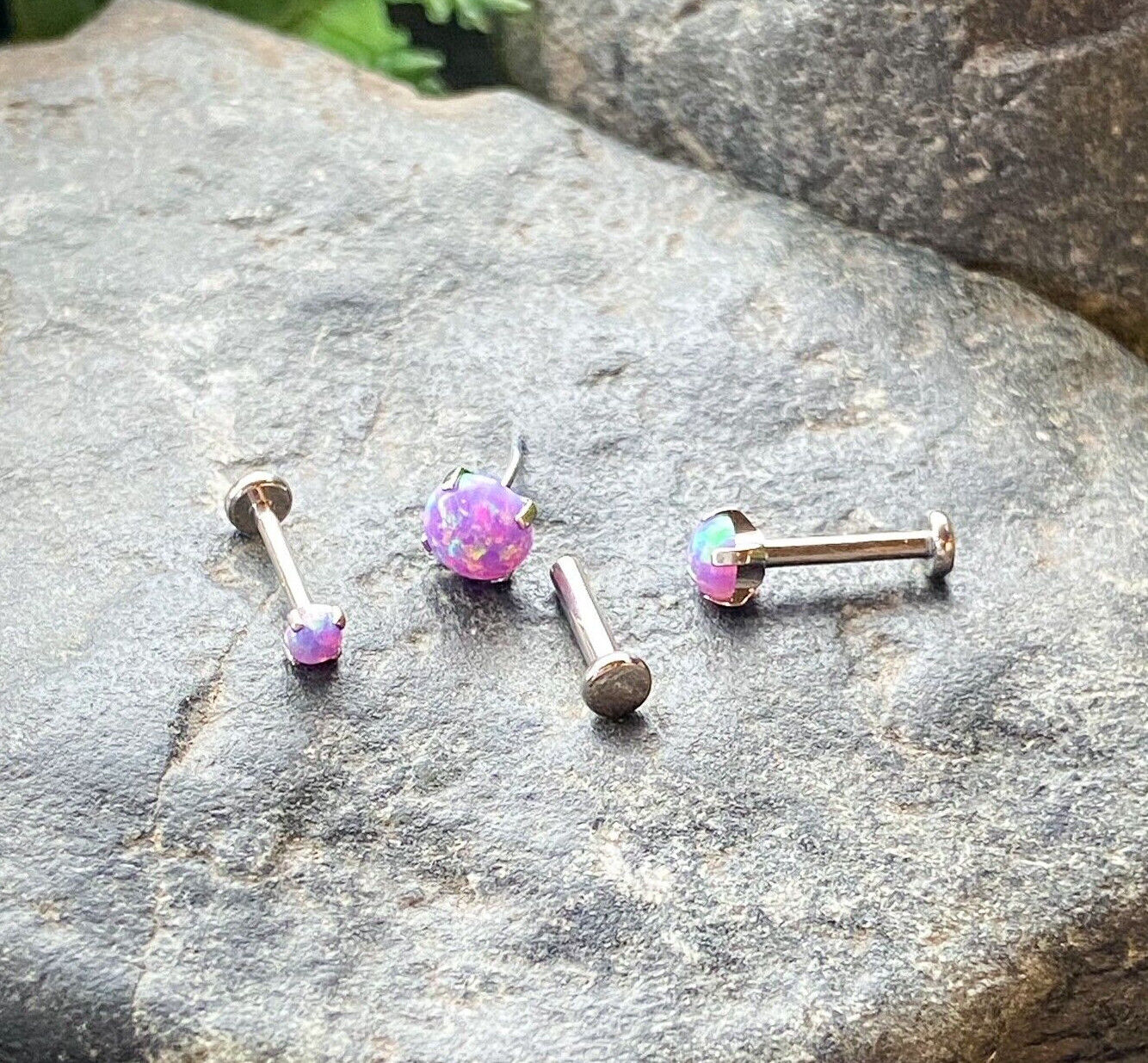 1pc Titanium Push In Prong Set Opal 16g Labret Stud Lip Ring Helix Ear Cartilage (Color: Purple)