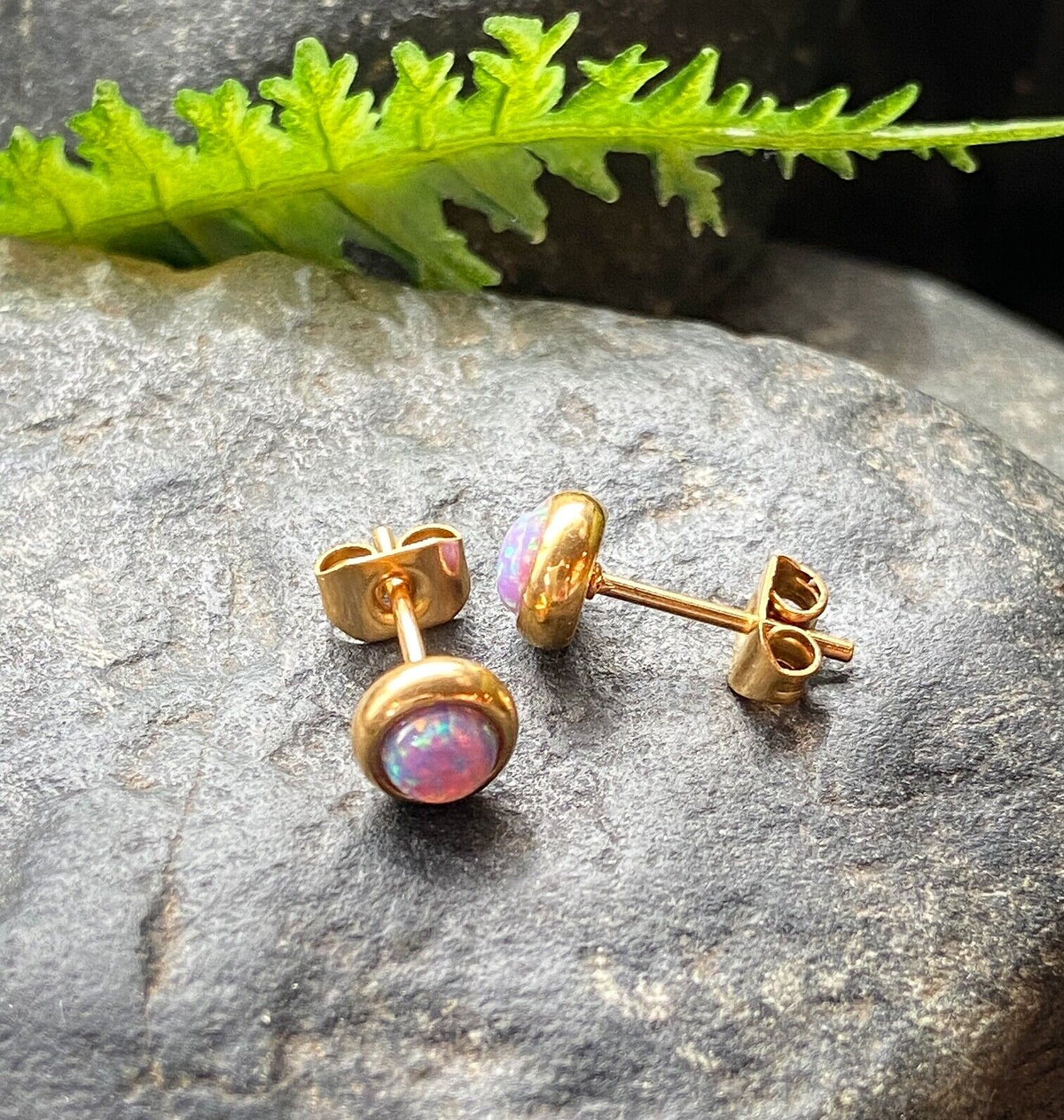 PAIR Bezel Set Opal 316L Surgical Steel Earrings - choose from 18 color combos! (Color: Purple / Gold)