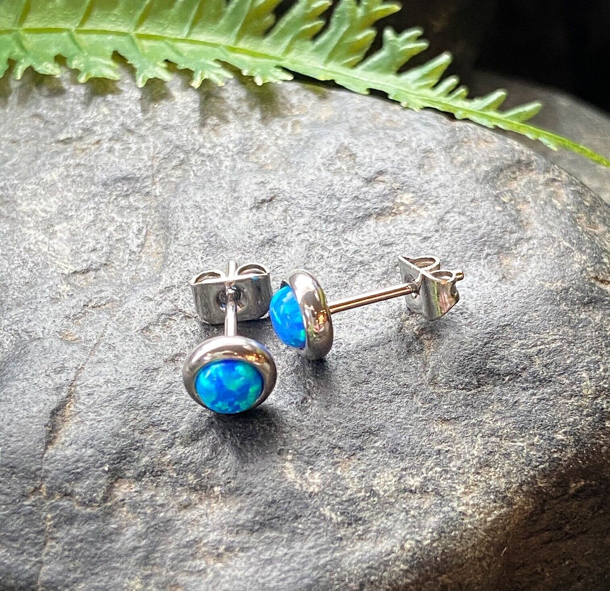 PAIR Bezel Set Opal 316L Surgical Steel Earrings - choose from 18 color combos! (Color: Blue / Silver)