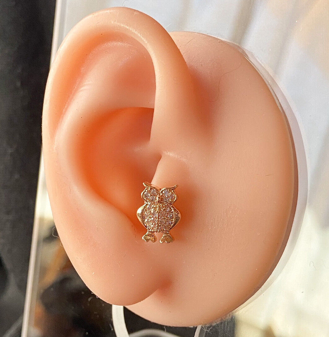 1pc CZ Gem Paved Owl Surgical Steel Tragus Cartilage Barbell Ring 16g 1/4"