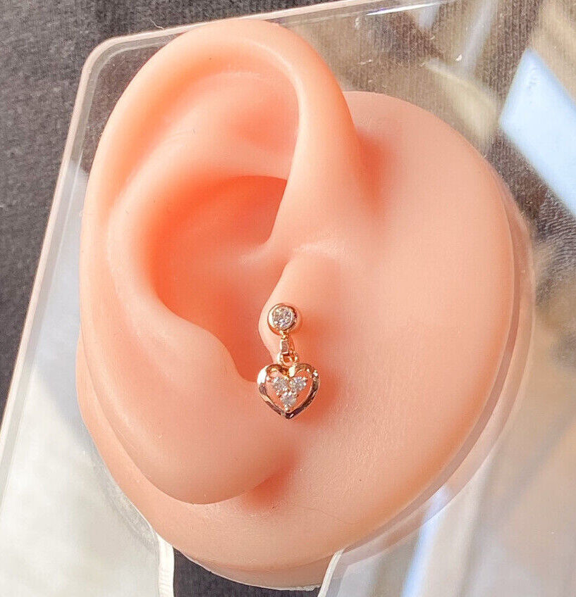 1pc CZ Gem Heart Dangle Tragus Helix Cartilage Barbell Ring 16g 1/4"