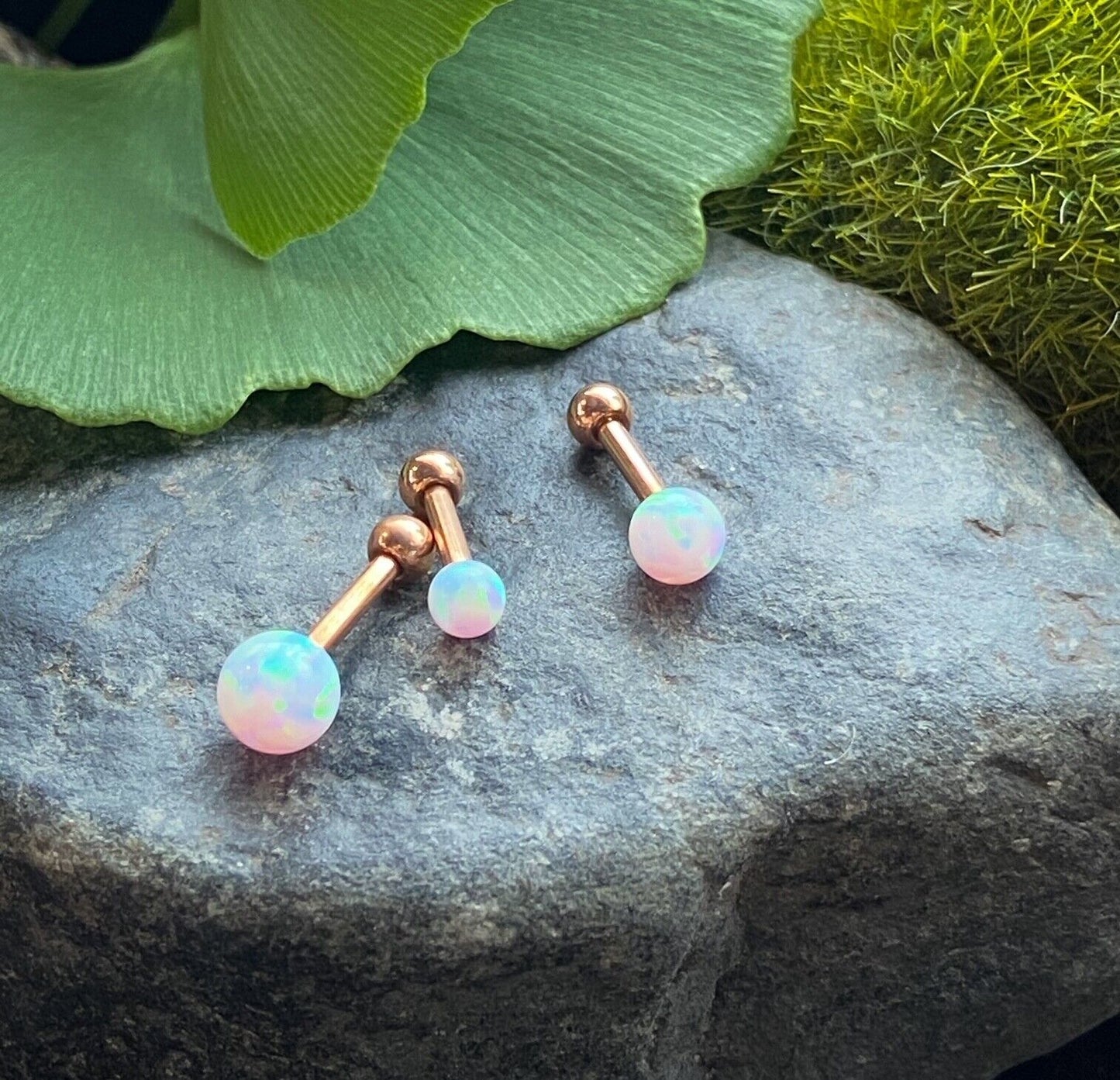 1pc Opal Ball Internally Threaded Tragus Helix Cartilage Ring Barbell 16g 1/4" (Post Color: Rose Gold)