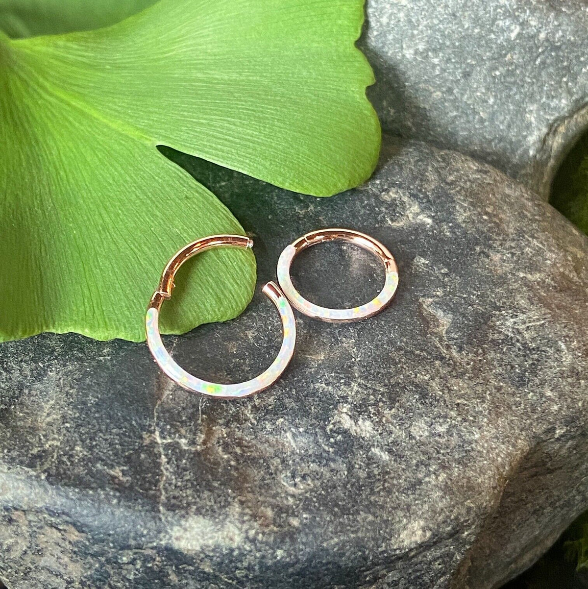 1pc Opal Front Edge Hinged Segment Ring Septum Clicker Steel Daith Hoop Jewelry (Color: Rose Gold - White)