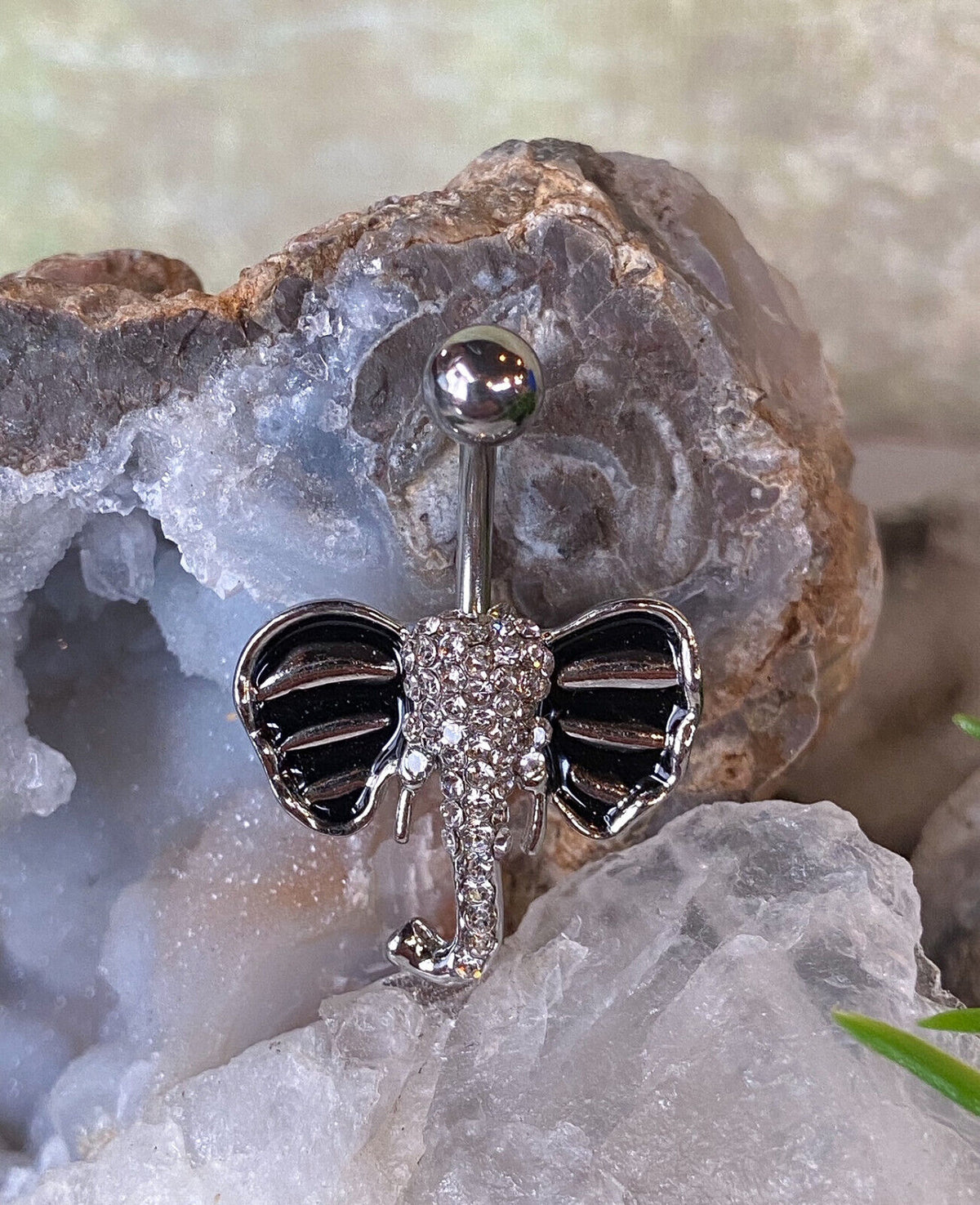 1pc Elephant Belly Ring Pierced Navel Paved Gem Black Enamel Ears Naval Piercing