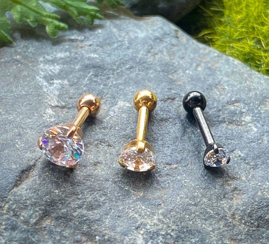 1pc Prong Set Gem Black, Yellow Gold or Rose Gold Tragus Cartilage Ring 16g 1/4"