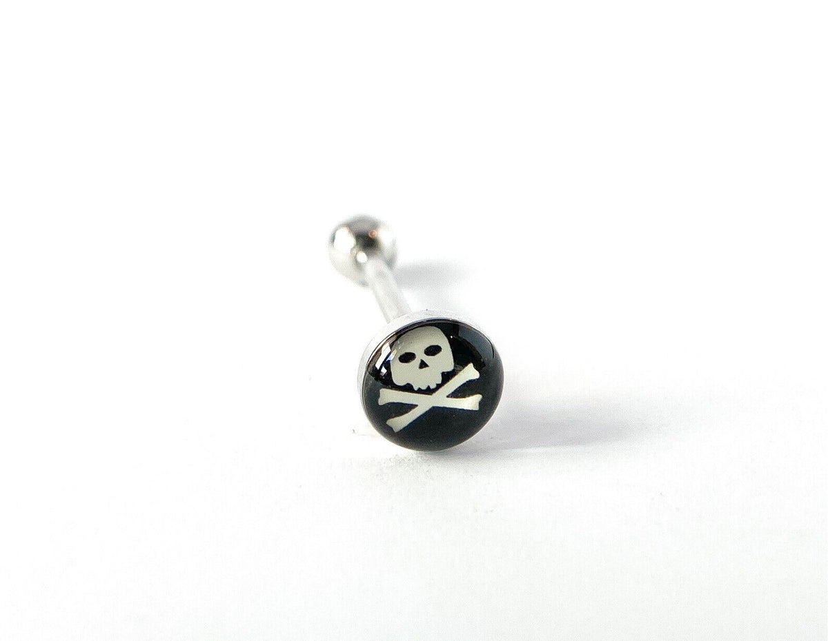 1pc Dome Logo Tongue Ring - choose from Adult Sayings, Sex, Bad Words +more! (Logo Style: Skull & Crossbones)