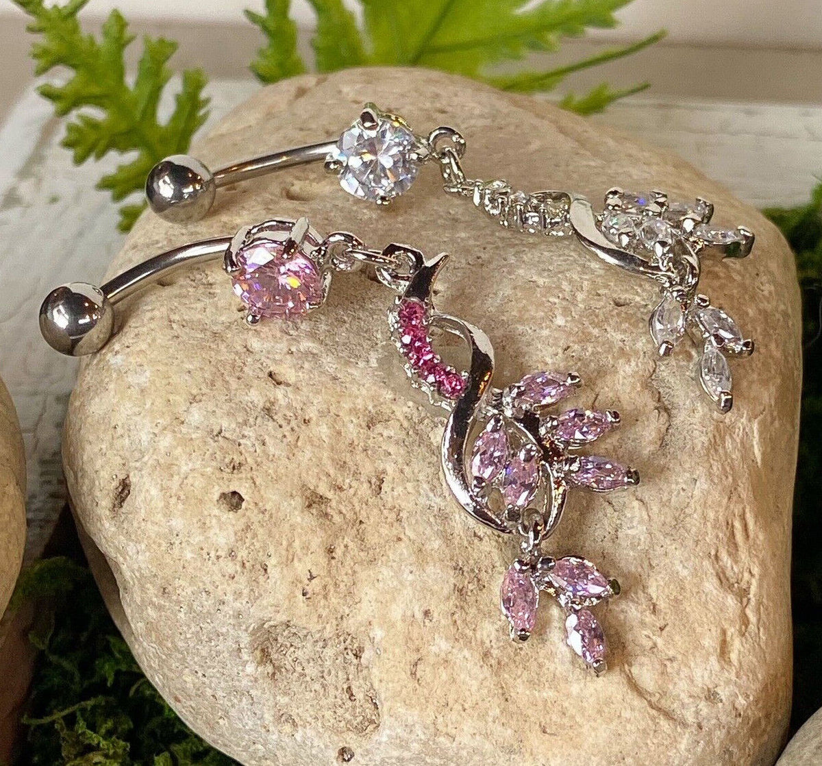 1pc Vine Dangle CZ Gem Belly Ring Navel Piercing Naval 14g 316L Surgical Steel