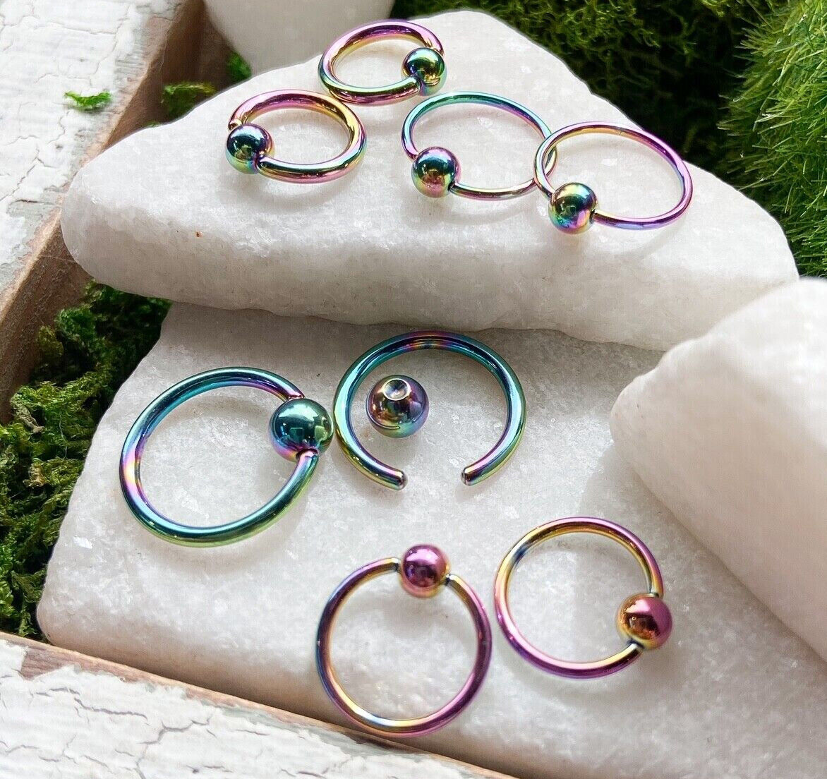 PAIR Rainbow Captive Bead Rings CBR's Nipple, Septum, Helix, Tragus Piercings