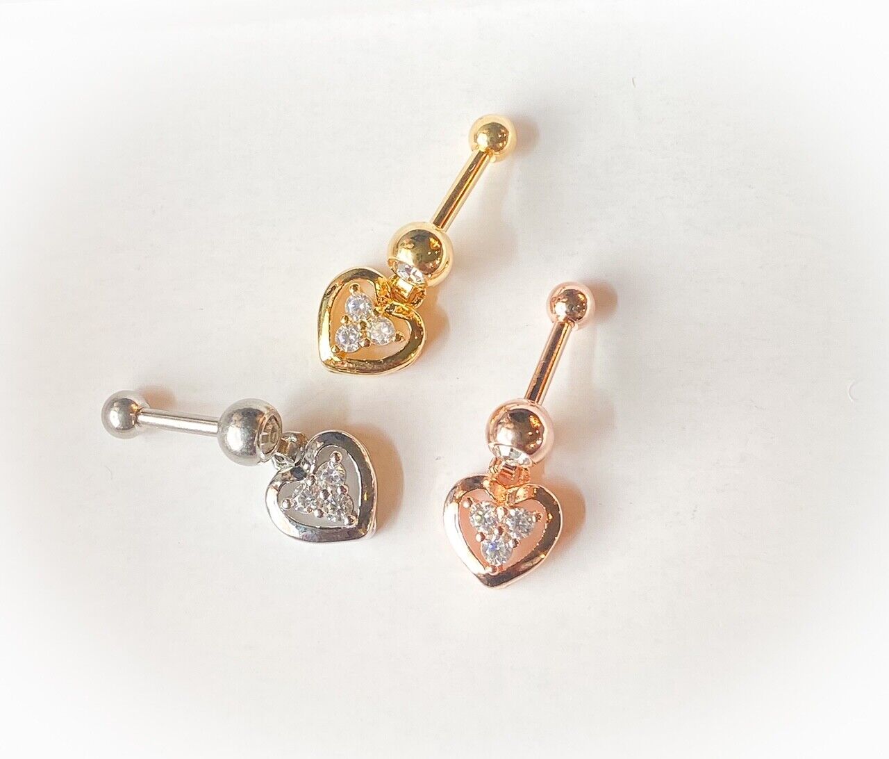 1pc CZ Gem Heart Dangle Tragus Helix Cartilage Barbell Ring 16g 1/4"