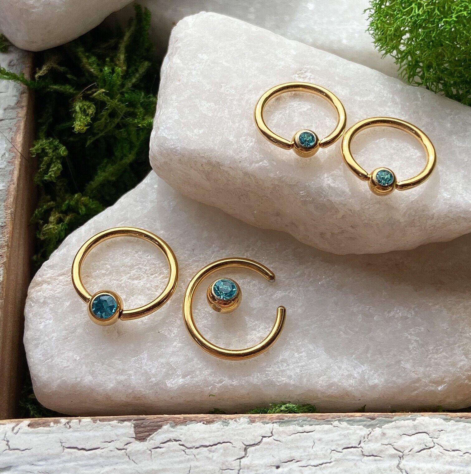 PAIR Gold Plated Gem Captive Bead Rings for Ears, Eyebrow, Septum, Nipples, etc (Gem Color: Aqua)