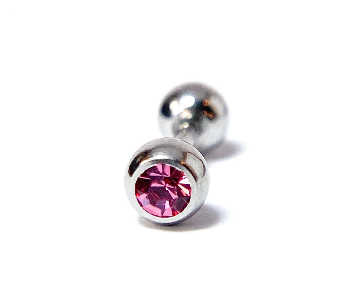 1pc Press-Fit Gem 316L Surgical Steel Barbell Tragus Stud Ring 16g 1/4" (6mm) (Color: Pink)