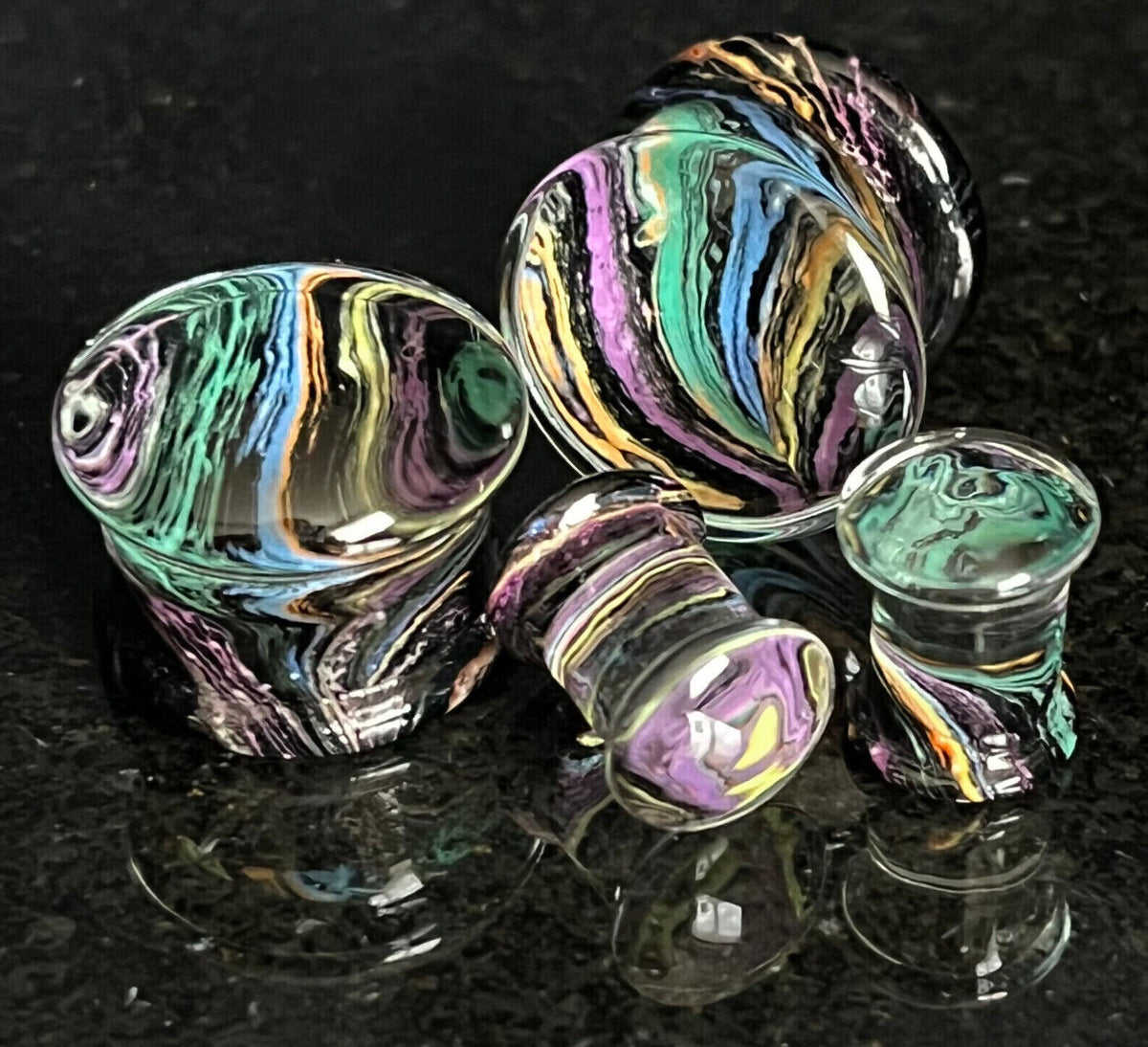 PAIR Rainbow Waves Design Glass Plugs Gauges Tunnels Body Ear Piercing Jewelry
