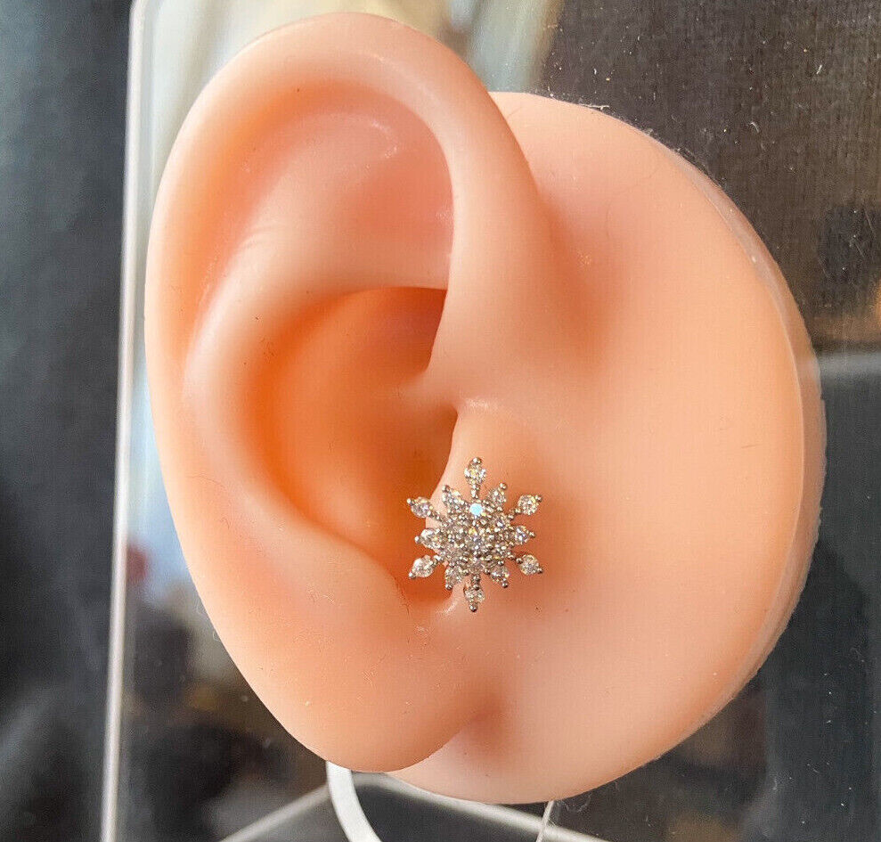 1pc CZ Gem Paved Snowflake Snow Flake Tragus Cartilage Barbell Ring 16g 1/4"