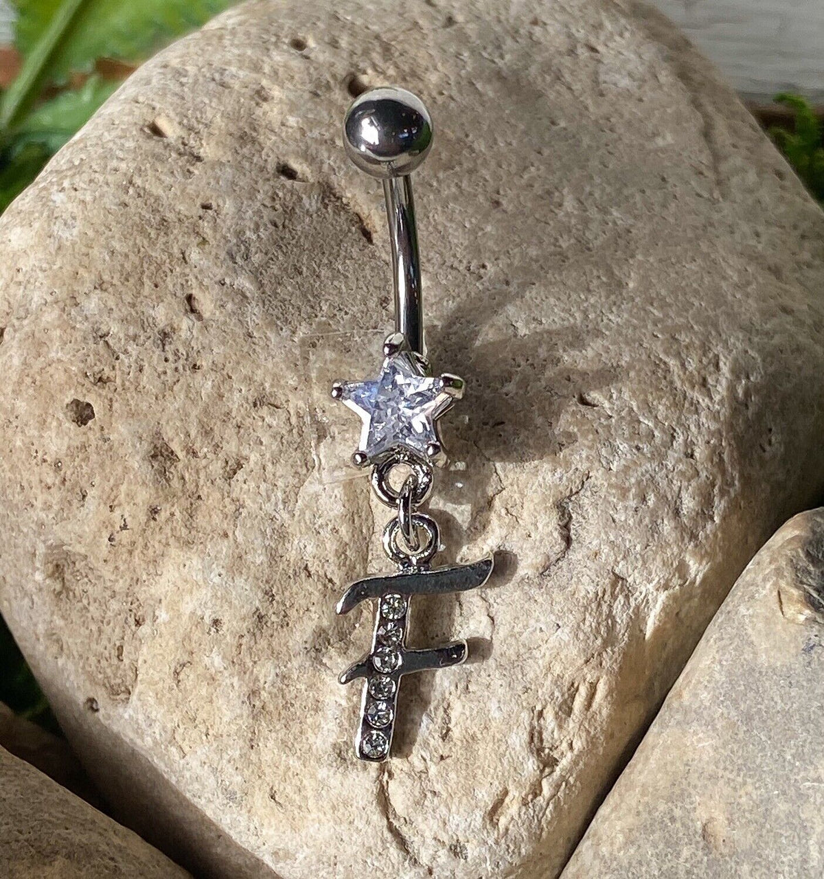 1pc Initial "Metro" Clear Gem Belly Ring Navel Pierced Naval Piercing Letter (Initial: F)