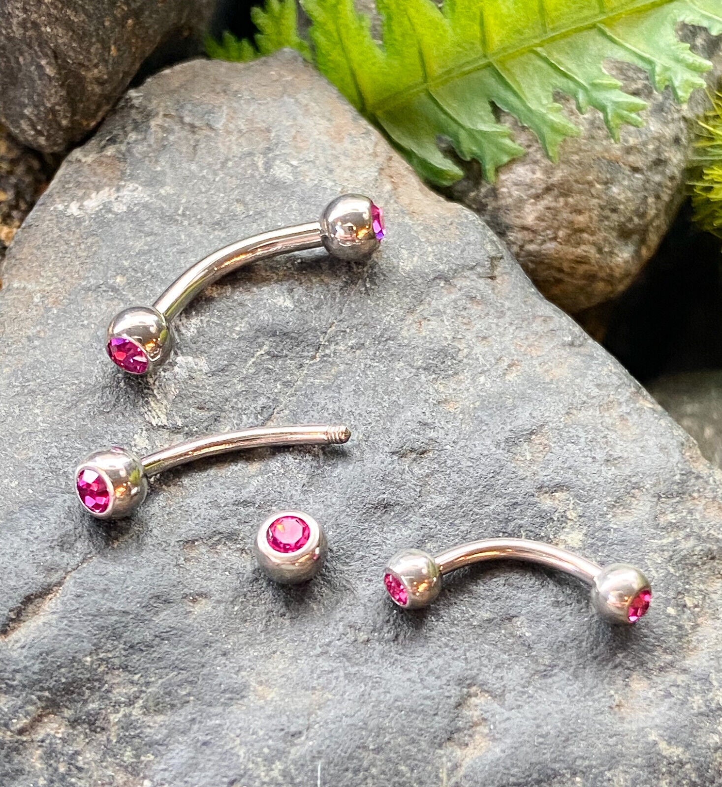 1pc Double Press-Fit CZ Gem Curved Barbell Eyebrow Ring, 14g or 16g (Color: Fuschia)